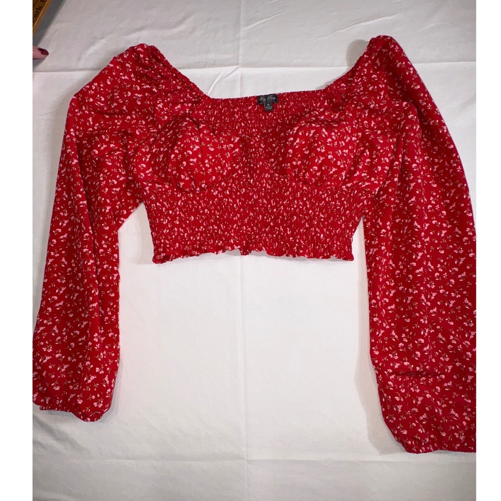 Lily Rose Red Floral Smocked Crop Top Long Sleeve Square Neck Blouse XL